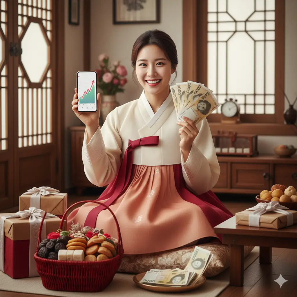 설날 한복을 입고 스마트폰 재테크 수익 그래프와 현금을 보며 즐거워하는 한국 여성의 모습