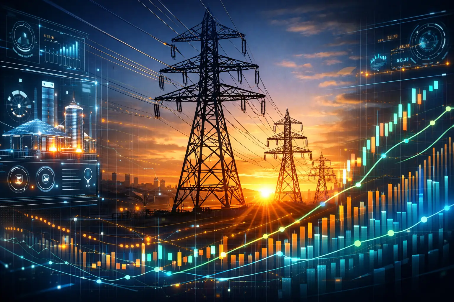 Futuristic high-voltage power lines and digital energy management interface for 2026 stock market.