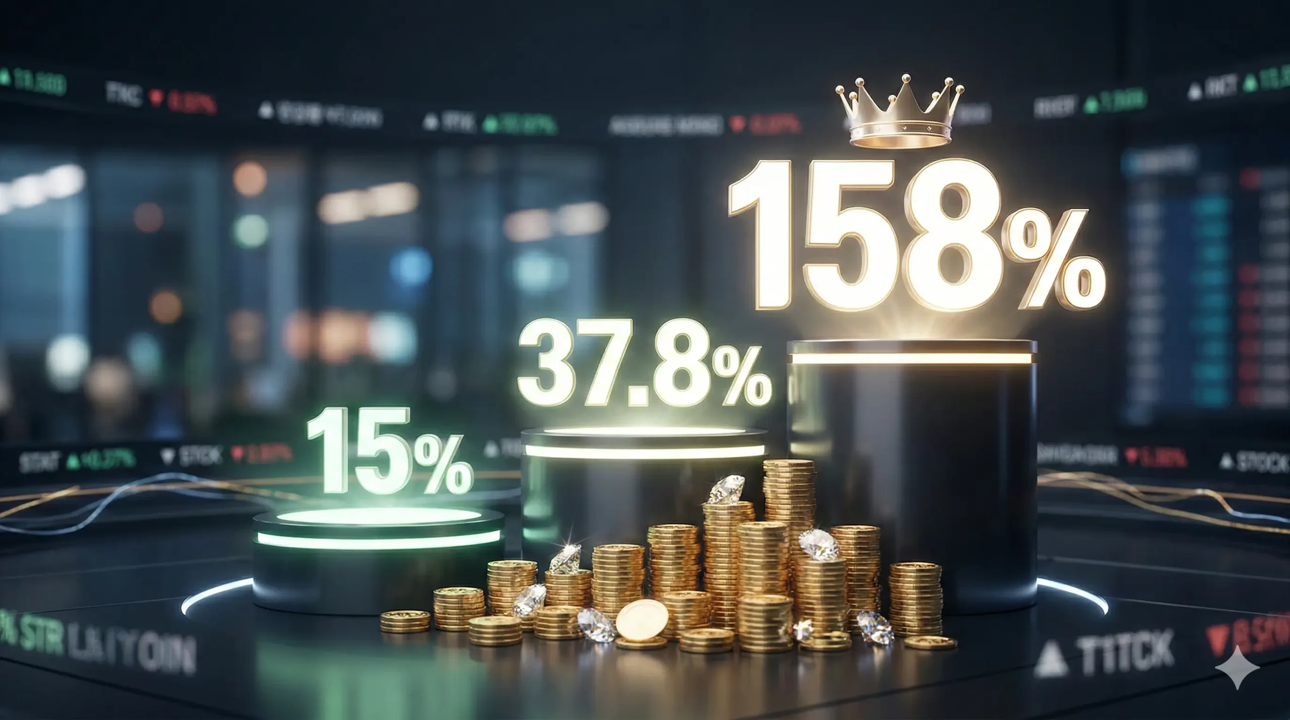 professional 3D graphic showing three glowing energy pillars with 15%, 37.8%, and 158% yields, with a crown on the highest pillar.