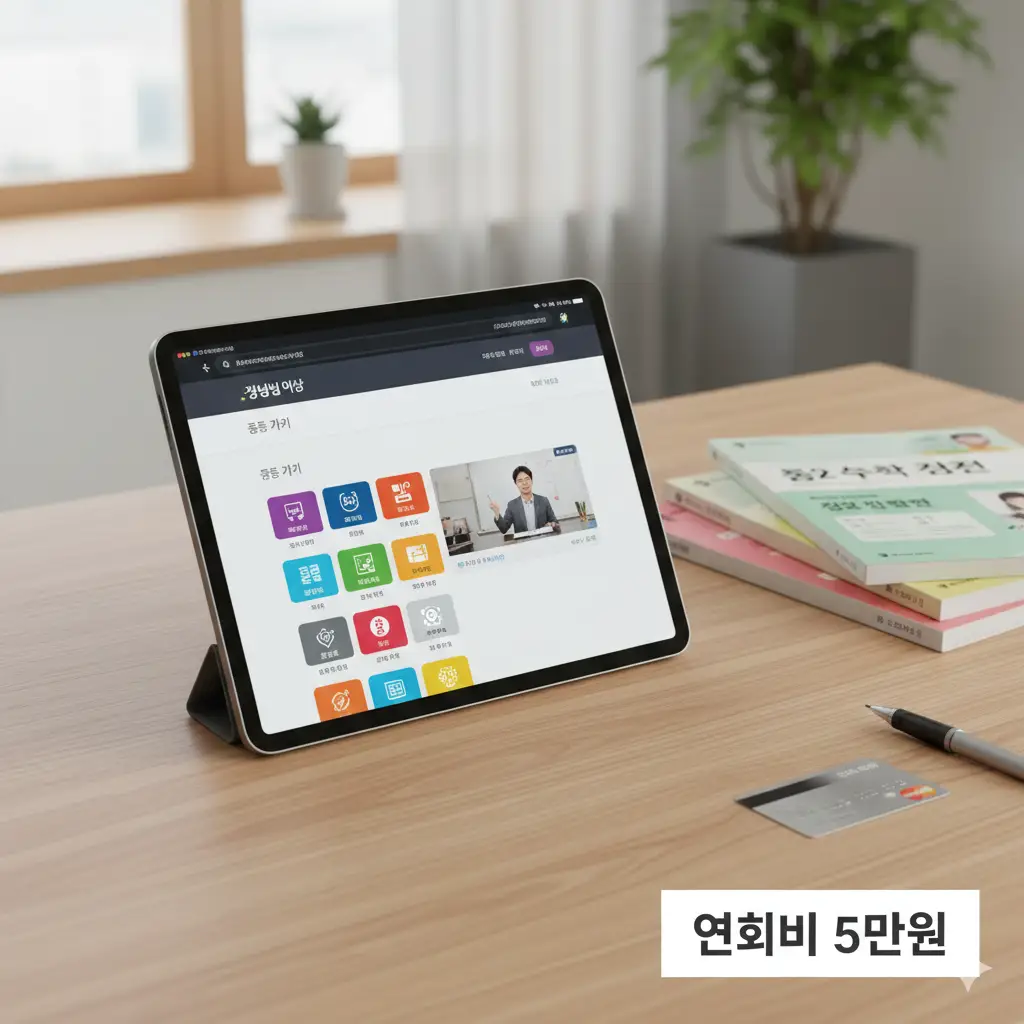 태블릿 PC로 강남인강 중등 강좌를 시청하는 모습과 연회비 5만원 문구가 적힌 블로그 썸네일 이미지