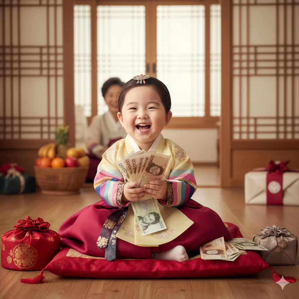 설날 한복을 입고 세뱃돈을 손에 든 채 활짝 웃고 있는 행복한 아이의 모습