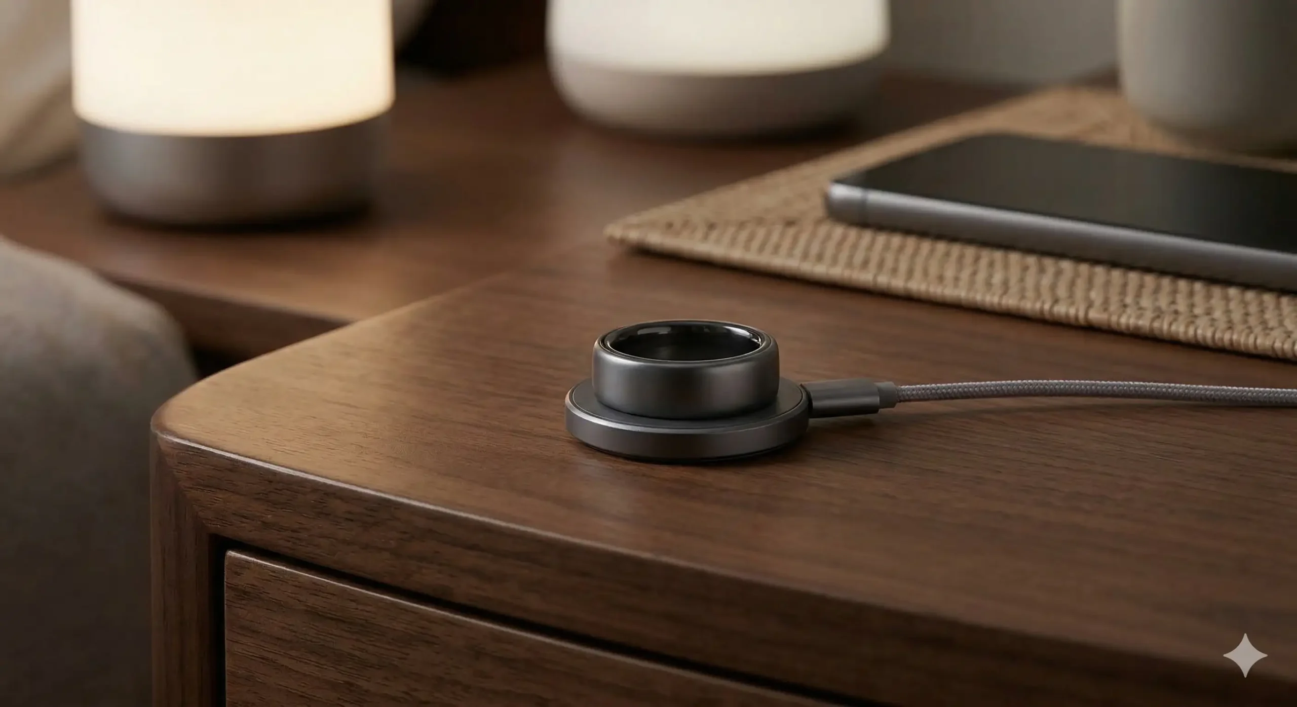 A modern photo of Samsung Galaxy Ring on a dark walnut bedside table, showing sleek technology.