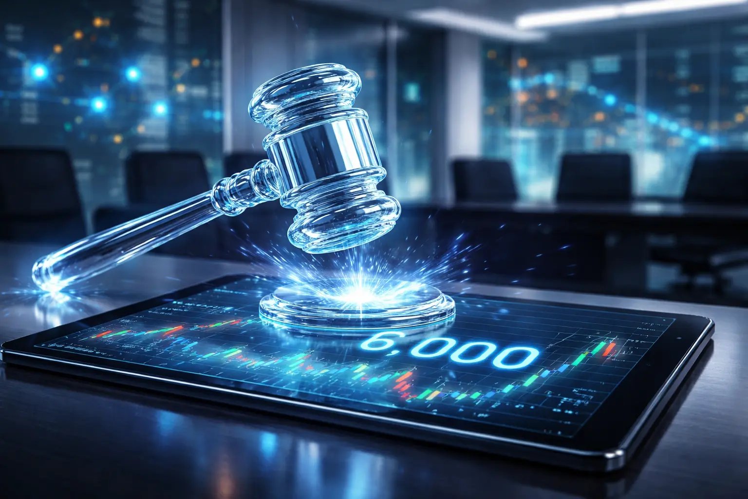 Professional and futuristic financial concept image. A transparent glass gavel hitting a digital tablet displaying '6,000' on a stock market candlestick chart. Background shows a modern boardroom with glowing data nodes.