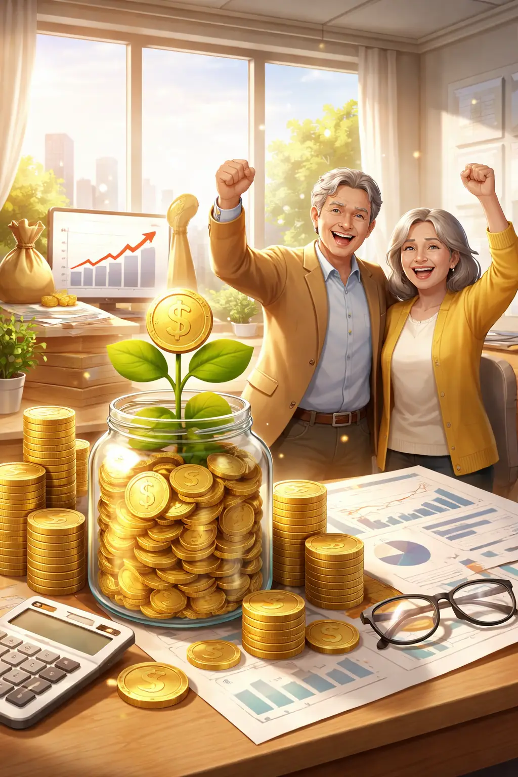 A professional 3D conceptual image showing a golden piggy bank and a rising digital graph representing retirement savings growth.