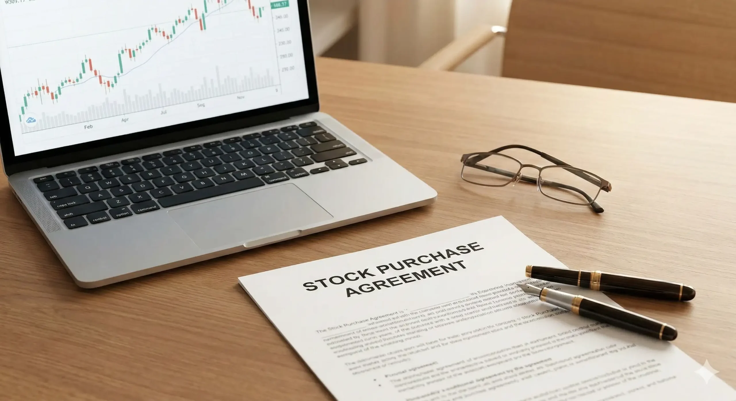 A professional financial setting with stock transfer contracts and a digital tablet representing unlisted stock trading.
