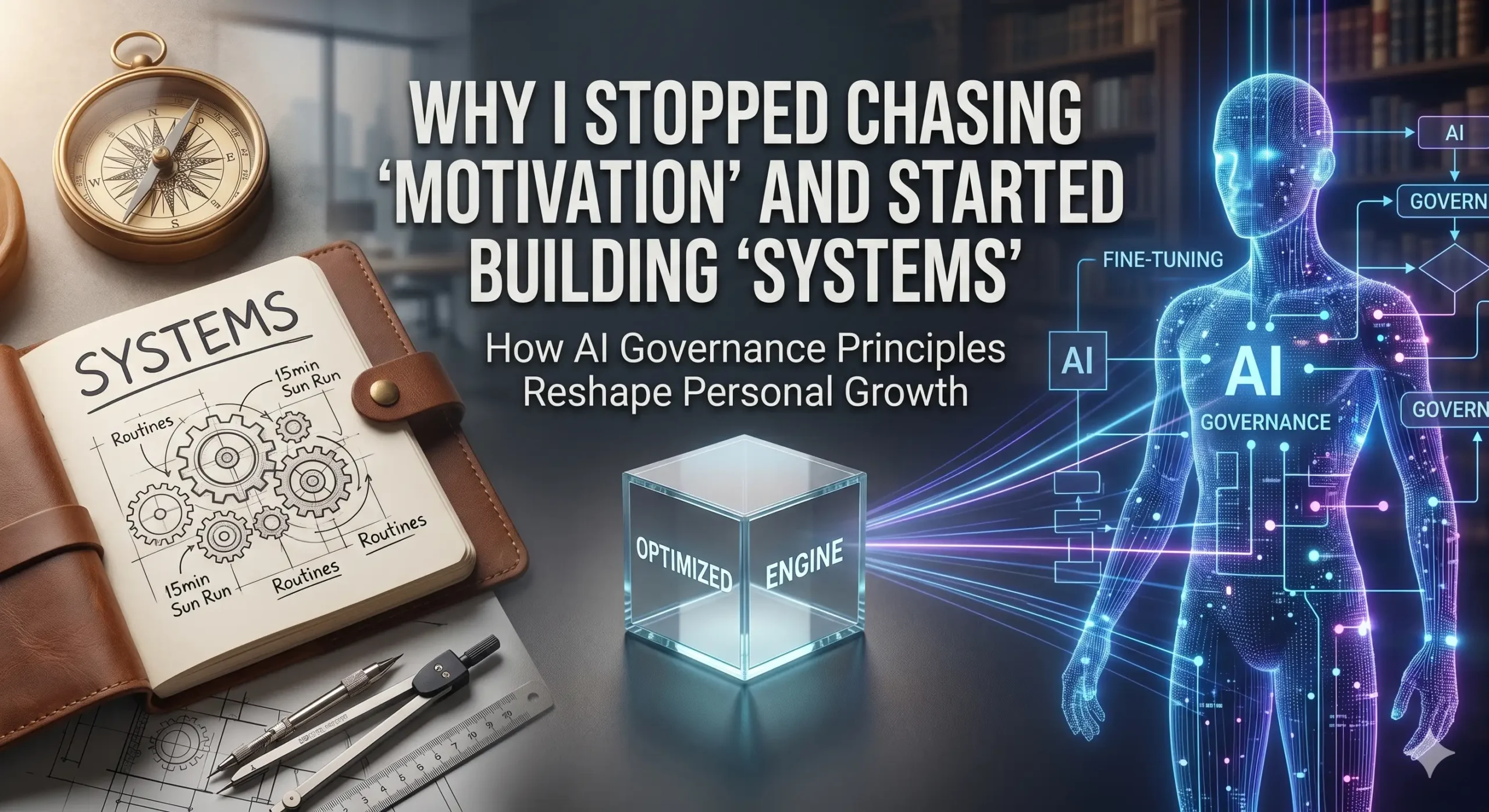 A split screen concept illustration representing personal productivity planning on the left and digital AI governance on the right, focusing on building systems.